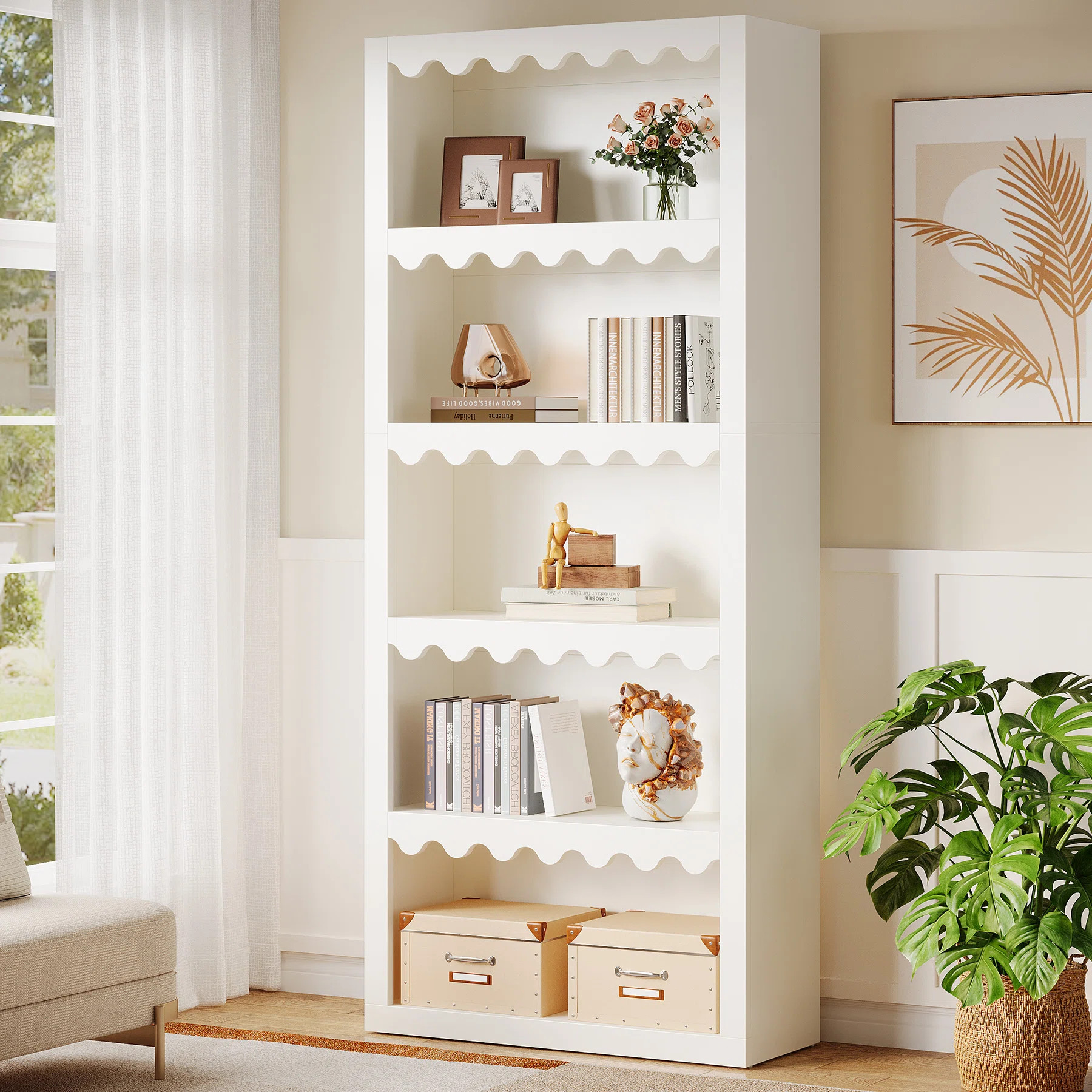 5-Tier White Bookcase, Tall Bookshelf With Scalloped Edges For Living Room | Wayfair North America