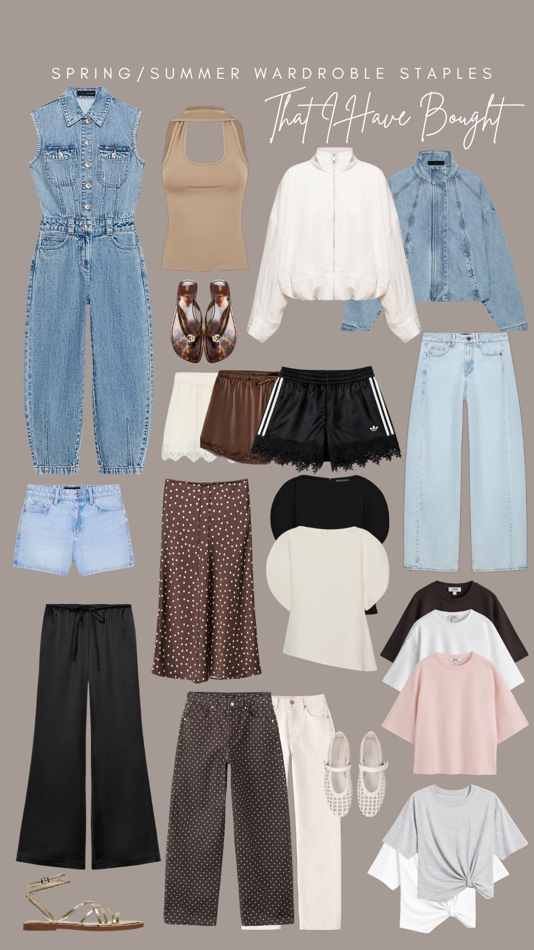 Spring summer capsule wardrobe
Jeans
Polka dots
Windbreaker jackets
Denim
Nice top
Satin shorts and trousers 
Denim shorts 
Sandals 
Zara
Adidas Firebird

#LTKsummer #LTKspring #LTKuk
