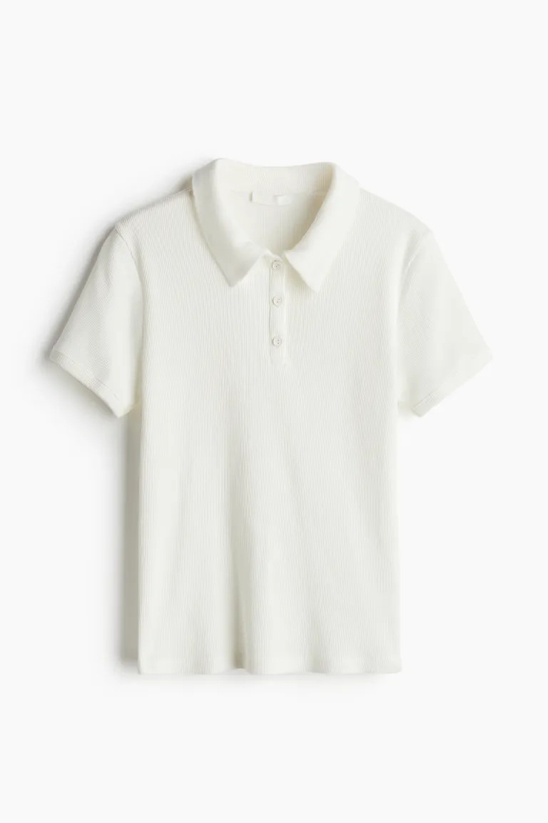 Geripptes Poloshirt - Kurzarm - Normale Länge - Weiß - Ladies | H&M DE | H&M (DE, AT, CH, NL, FI)