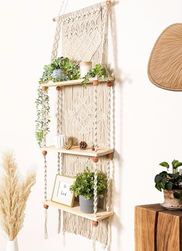 Induslyfe Macrame Wall Hanging Shelf 3 Tier Boho Wall Plant Hanger Shelves, Handmade of Woven Rope Boho Shelves Organizer for Living Room Bathroom Home Storage Floating Plant Rack Bohemian décor | Amazon (US)