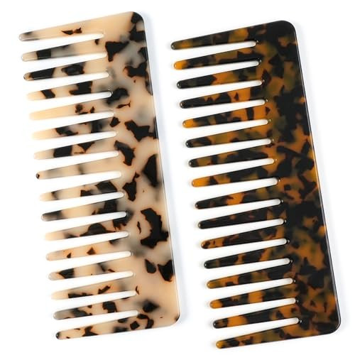 TaShow Hair Detangling Comb, 2 Pack Large Cellulose Acetate Wide Tooth Comb for Wet and Dry, Women's Thick Curly Wavy Hair (Tortoise Shell, Ivory) | Amazon (US)
