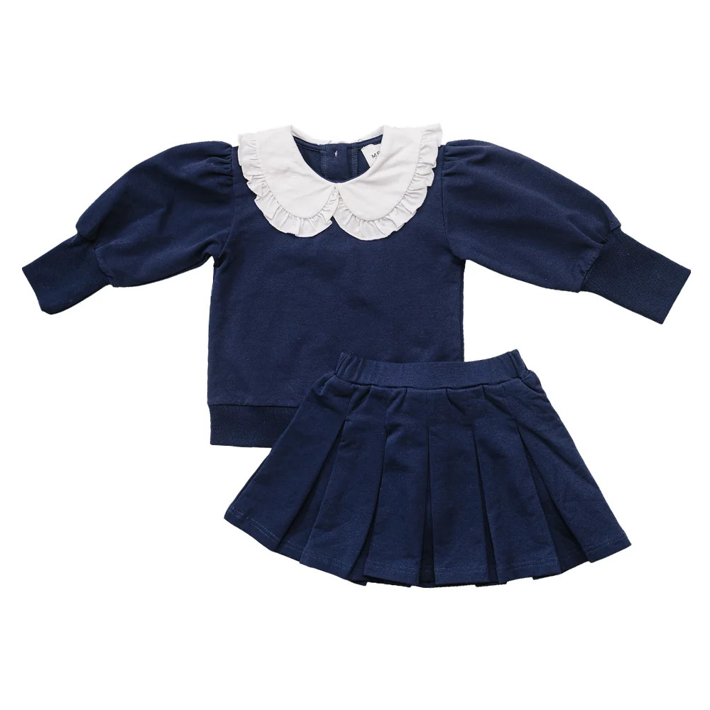 Navy Peter Pan Collar Pleated Skirt Set | Mebie Baby
