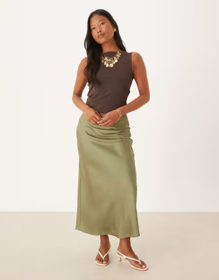 VILA Petite satin maxi skirt in oil green | ASOS (Global)
