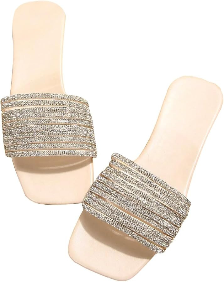 GORGLITTER Women's Pearls Fringe Flat Sandals Square Open Toe Slide Sandals | Amazon (US)