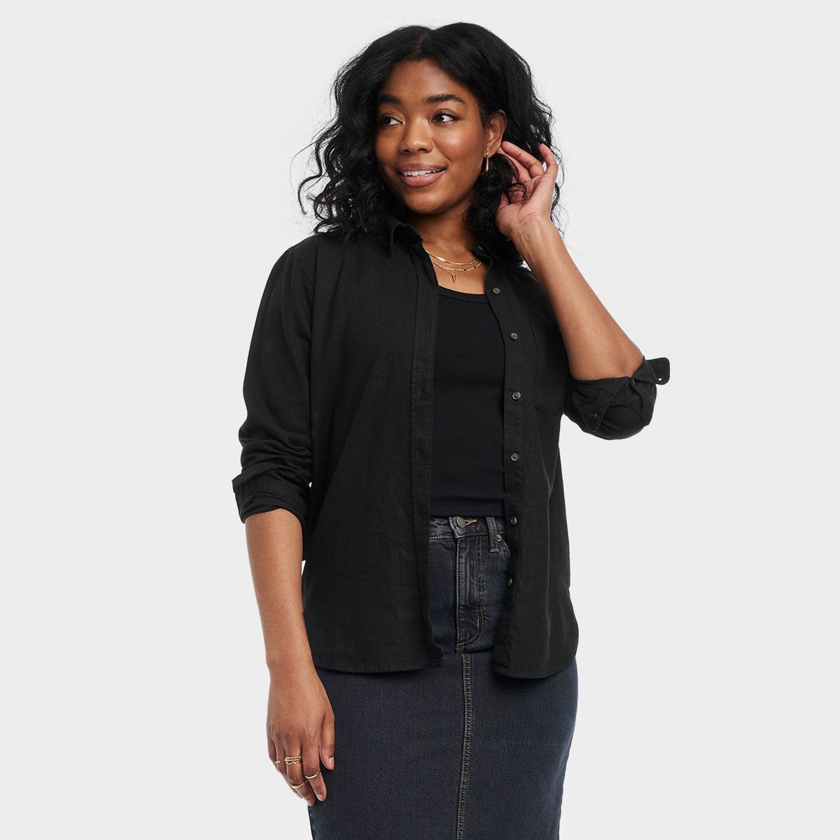 Women's Linen Long Sleeve Collared Button-Down Shirt - Universal Thread™ Black XL | Target