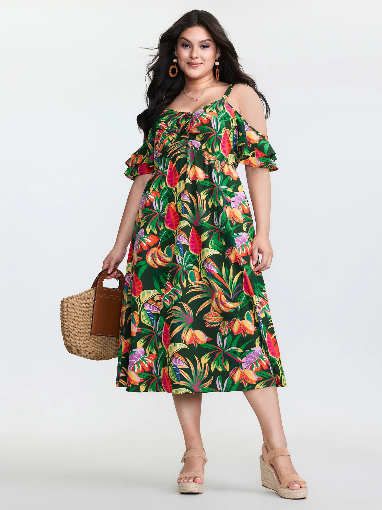 Vibrant Tropical Print Off-Shoulder Midi Dress | Bloomchic