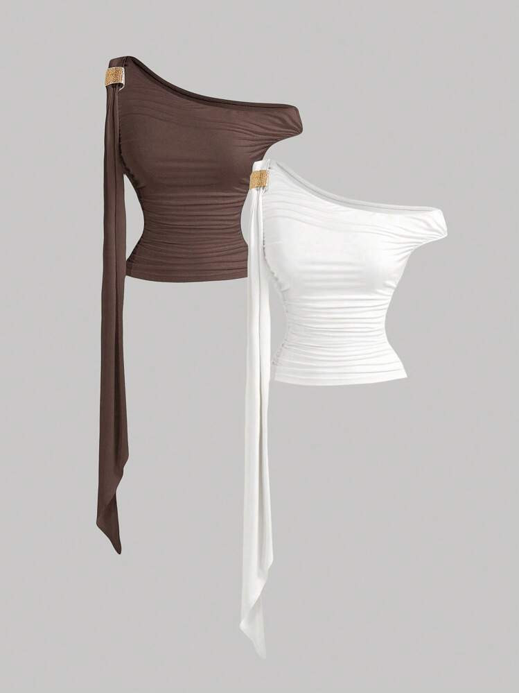 SHEIN MOD Asymmetric Vintage Metal Decor Draped Ruffle Elegant Camisole Set | SHEIN