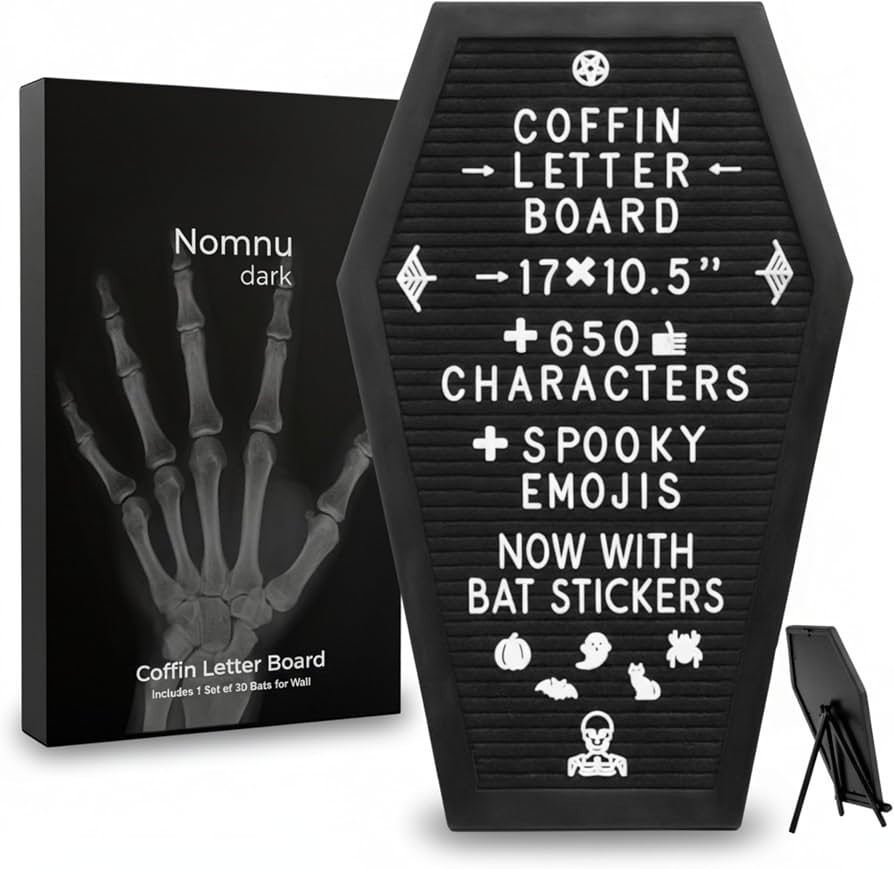 Nomnu Coffin Letter Board Black +3D Bat Stickers +650 Characters, Spooky Seasonal Emojis, Wooden ... | Amazon (US)