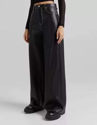 Bershka wide leg faux leather dad pant with contrast seam in black | ASOS (Global)
