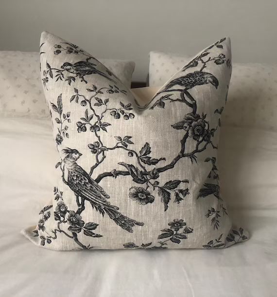 French country pillows - toile pillow - linen bedding - Black toile de jouy - linen cushion cover... | Etsy (US)