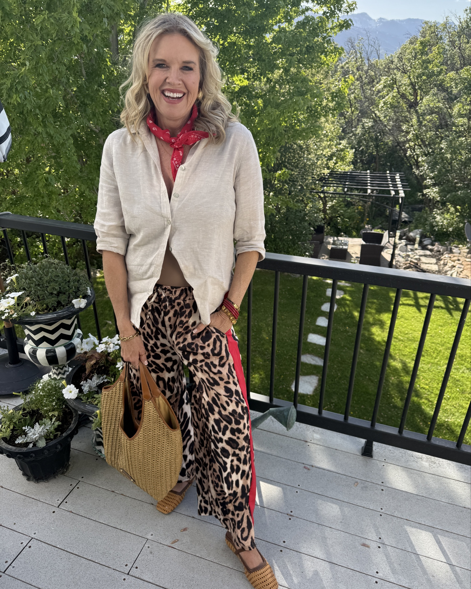 #ootd  what I wore on my TV fashion segment today.. but with Red leather  Mary Jane’s (Madewell)


❤️🐆Amazon finds mixed with some closet staples and favorite accessories.

$12 Amazon leopard drawstring pants with red stripe. Fits tts I am  wearing a med

3/4 sleeve linen button up by Chicos fits tts on sale

Cane & leather Mary Jane s fit tts wearing a size 8 Amazon find and so comfortable 

Pumiey body suit 

Eric Javits tote 

Red bandana scarf - free people

Horse shoe ring free people 

Heart birthstone necklace Abbott Lyon  & 
Gold Link bracelet 

Designer inspired Amazon find earrings $12

Bracelet stack - 
Red Budha girl bracelets
Micheal lord tortoise & gold cuff
Zenzi yellow stone bracelet

Stitch gun tool for quick fashion hems or fixes

#LTKFindsUnder50 #LTKxMadewell #LTKStyleTip