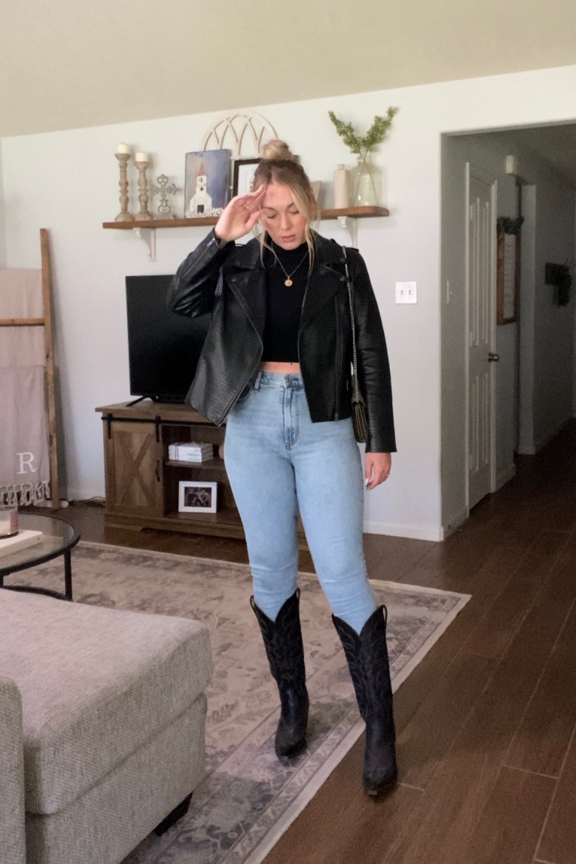 Black western boots outfit inspo 
Boots are from boot barn 
Leather jacket L 
Jeans 28R curve love 
Tank M 

#LTKshoecrush #LTKstyletip #LTKSeasonal