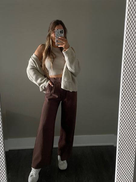 wearing size XS short
linked exact pants, tank, and shoes, and similar cardigans

abercrombie style, abercrombie wide leg trousers, how to style, outfit ideas, neutral outfit ideas, style inspo, style guide 