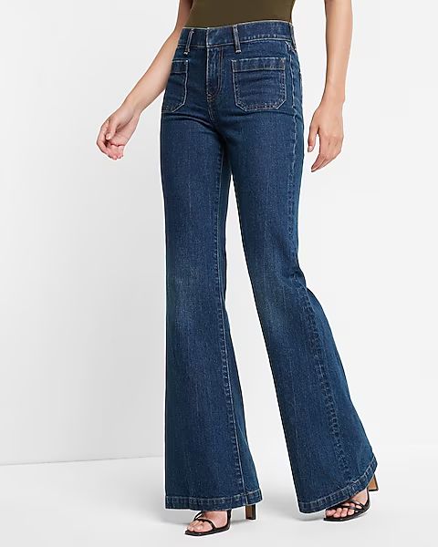 Mid Rise Dark Wash Patch Pocket 70s Flare Jeans | Express