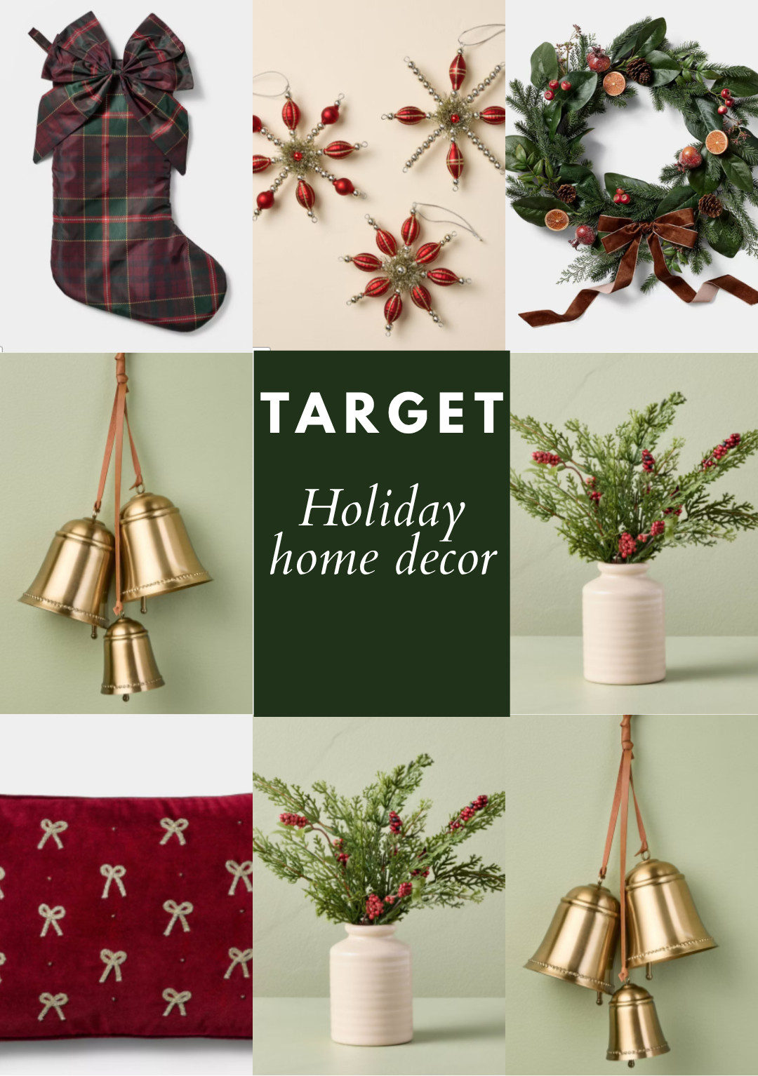 Classic Target holiday home decor with rich red, greenery, gold bells, and traditional Christmas details.
Target holiday decor, Christmas home decor, traditional holiday decor, classic Christmas decor, festive home finds, Target Christmas, Christmas greenery, holiday wreaths, gold bells, Christmas accents 

 #LTKHome