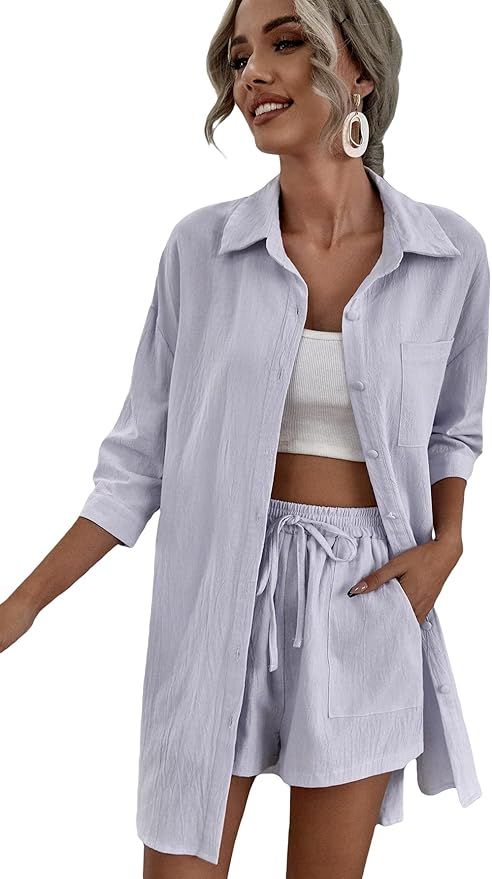 MAKEMECHIC Women's Casual 2 Piece Outfits Long Sleeve Button Down Shirt and Shorts Set | Amazon (US)