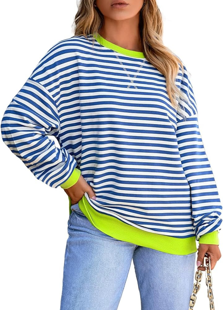 Eytino Women Plus Size Sweatshirt Striped Color Block Crew Neck Pullover Tops Long Sleeve Casual ... | Amazon (US)