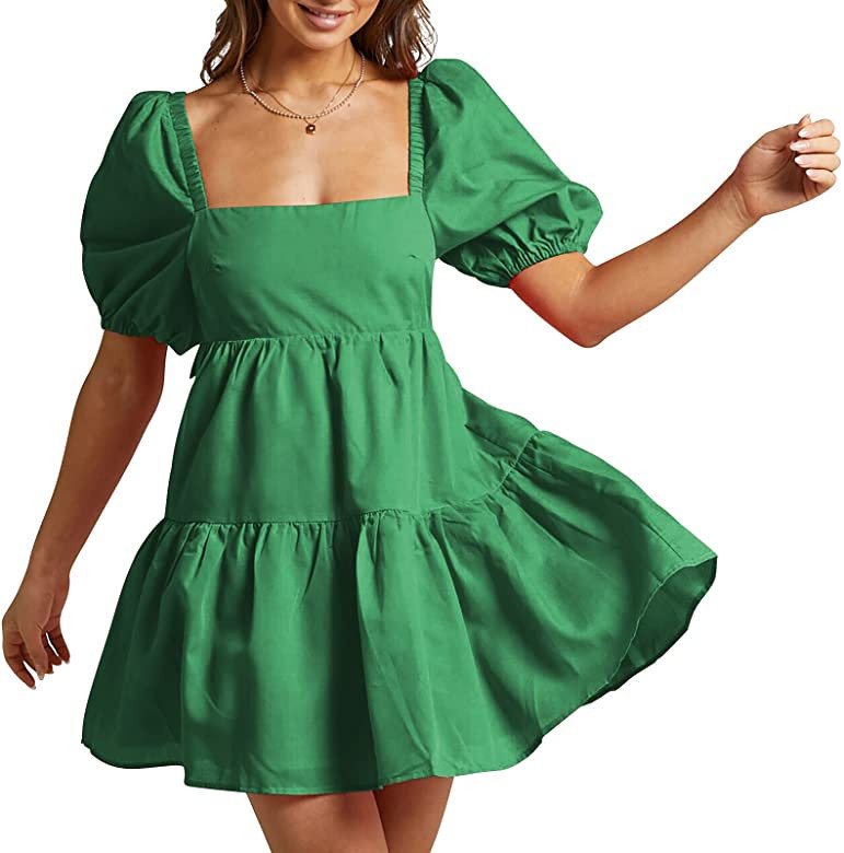 Shy Velvet Women's Casual Party Mini Dress Square Neck Short Bubble Sleeve A-line Loose Summer Dr... | Amazon (US)