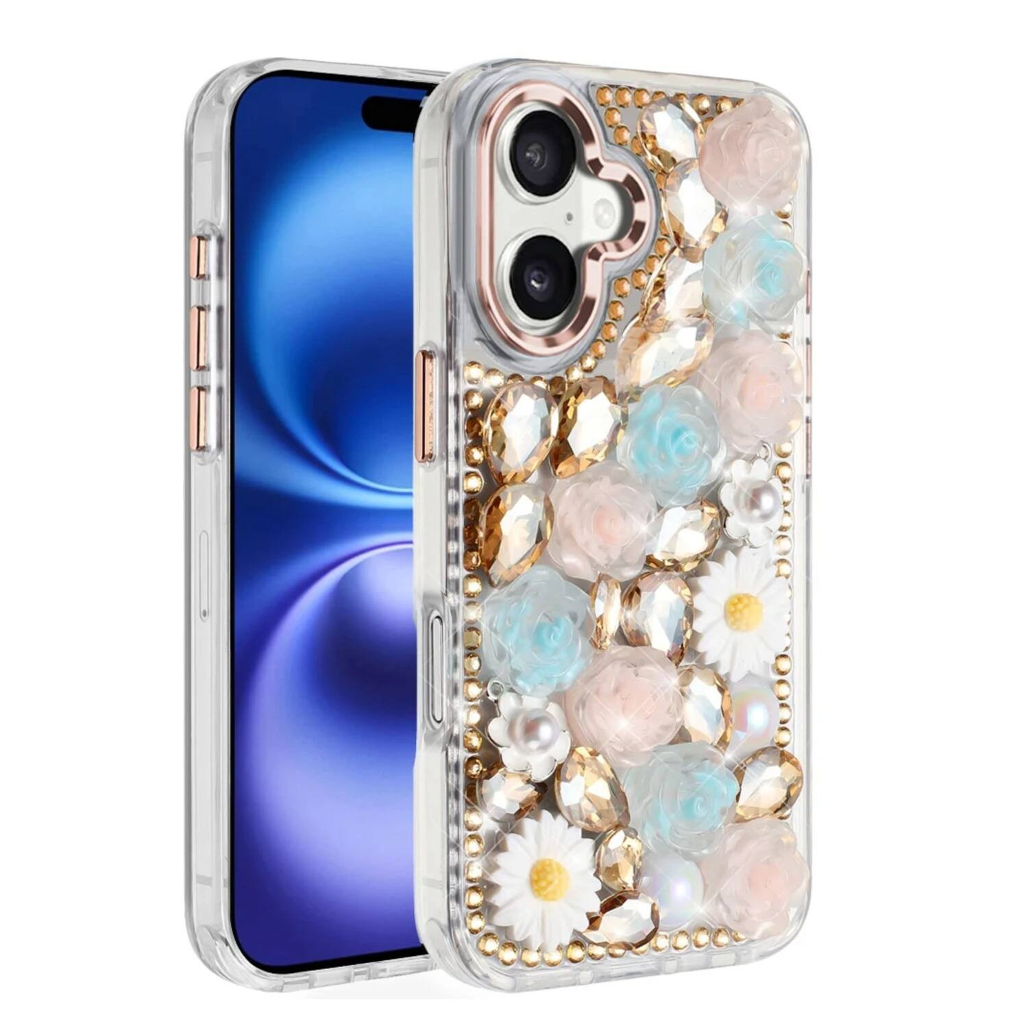 Kitcheniva - Full 3D Faux Jewel Floral Phone Case With Tempered Glass For iPhone 17 - Gold | Best Buy U.S.