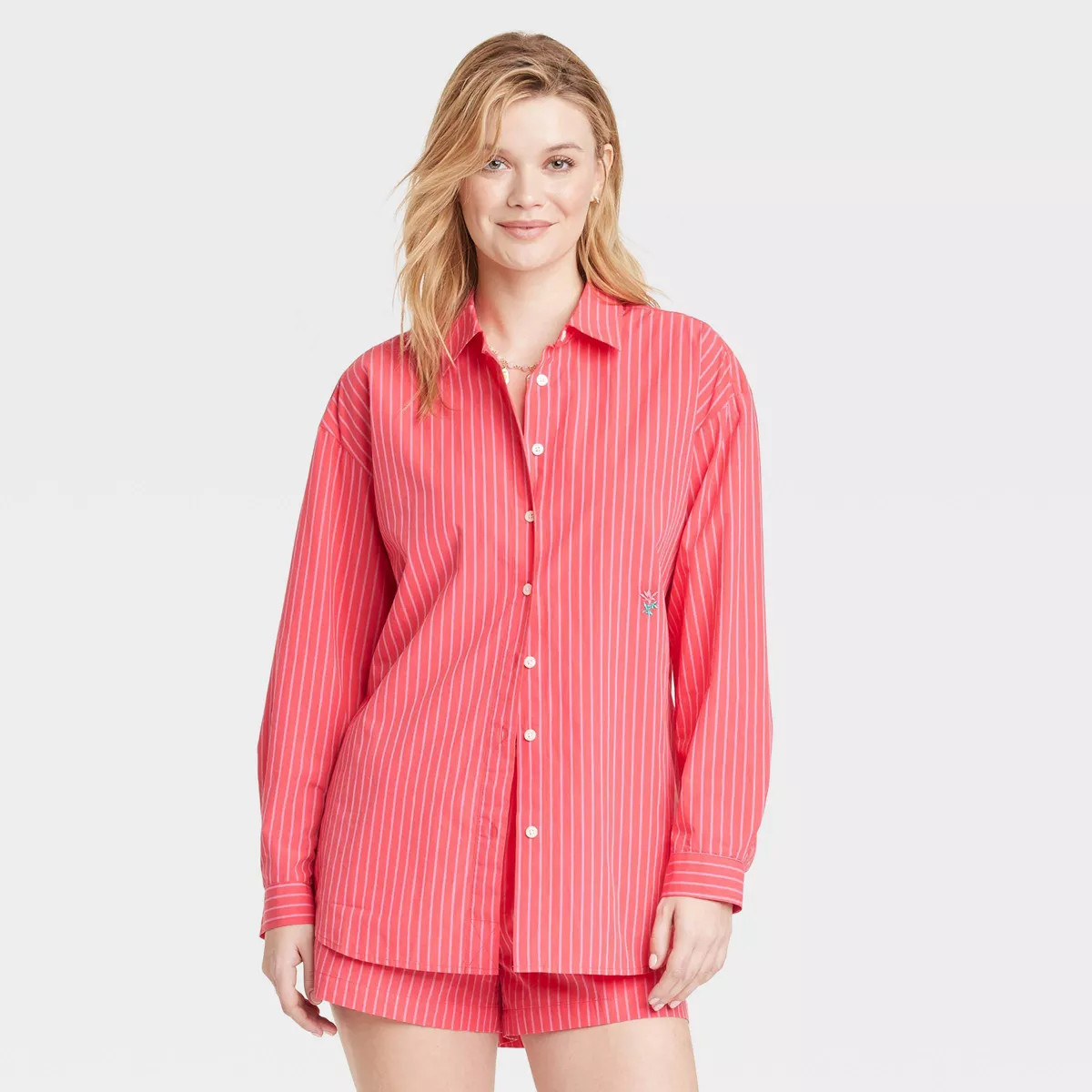 Women's Oversized Long Sleeve Collared Button-Down Shirt - Universal Thread™ Red Striped XXL | Target
