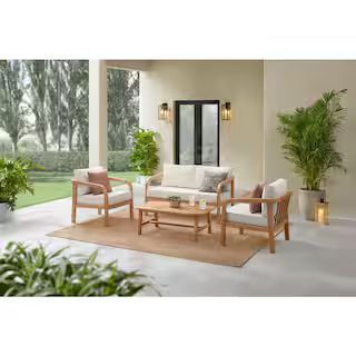 Hampton Bay Orleans 4-Piece Eucalyptus Wood Patio Conversation Set with CushionGuard Almond Cushi... | The Home Depot