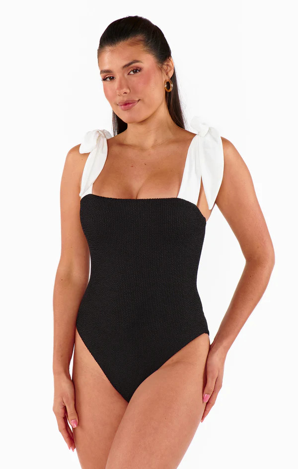 Hudson One Piece ~ Black Scrunch with White Bow | Show Me Your Mumu