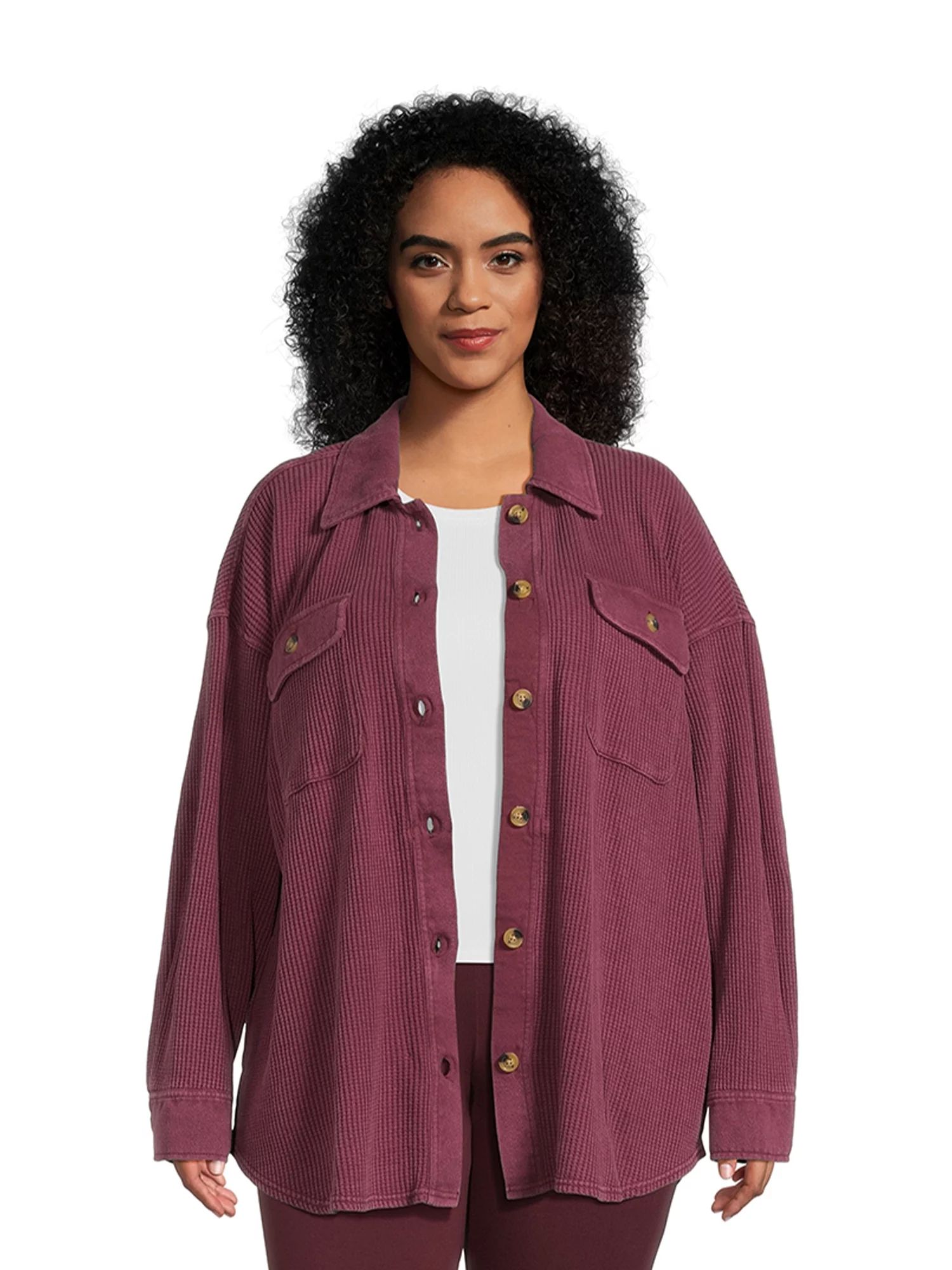 Terra & Sky Women's Plus Size Button Down Shirt Jacket Waffle Knit Shacket | Walmart (US)