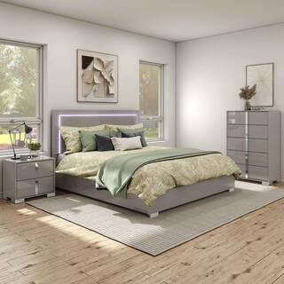Mesala 3-Piece Contemporary Glossy Taupe Gray Wood King Panel Bedroom Set with Nightstand and Chest | The Home Depot