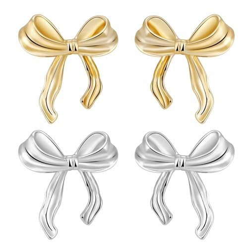 BERISO Gold Bow Butterfly Stud Earrings Sets for Women 14K Gold/Silver Plated Bow Stud Earrings Wedding Prom Statement Jewelry | Amazon (US)