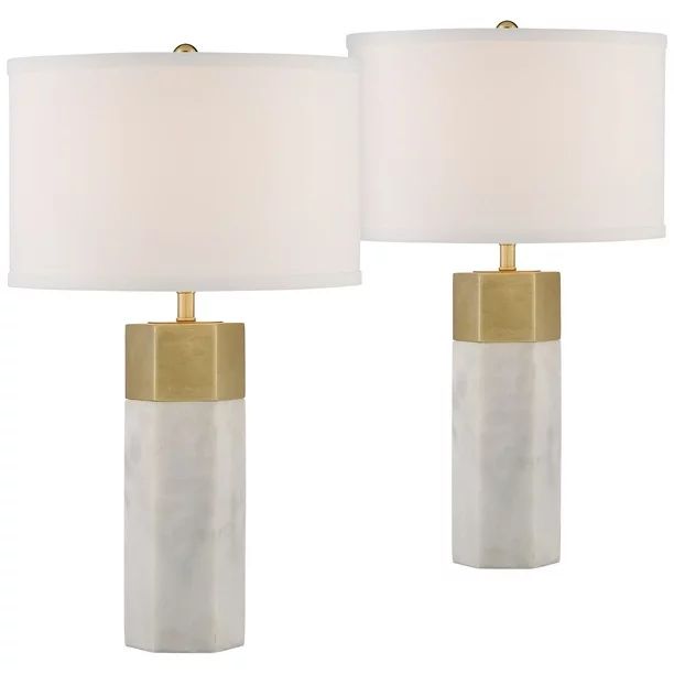 Possini Euro Design Modern Table Lamps Set of 2 Hexagonal Faux Marble and Gold Drum Shade for Liv... | Walmart (US)
