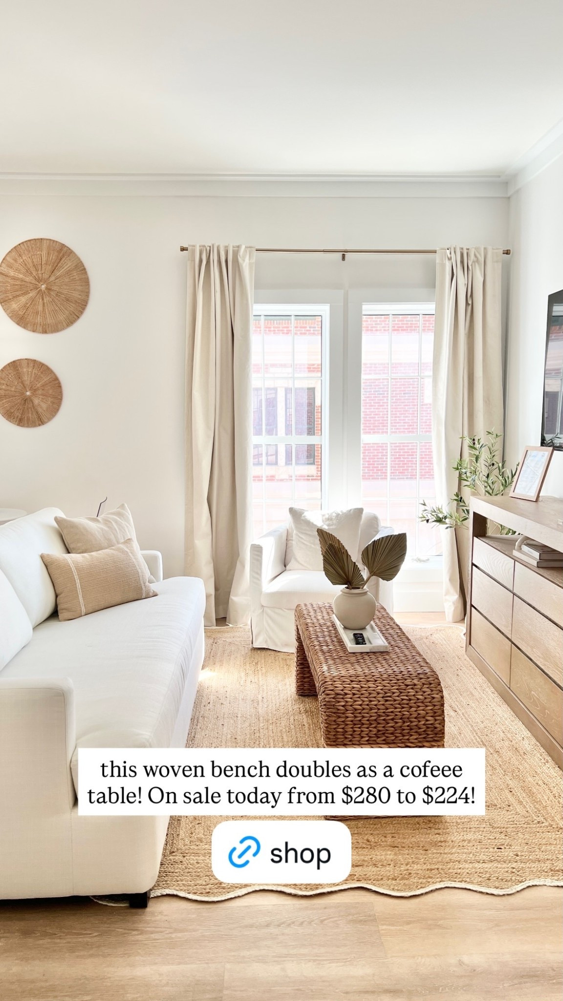 this woven bench doubles as a cofeee table! On sale today from $280 to $224!