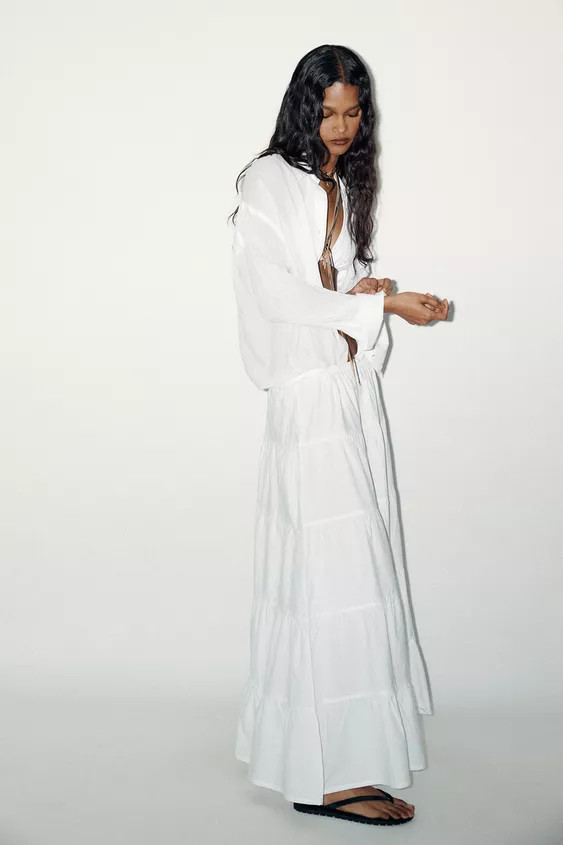 TIERED MAXI SKIRT Oyster-white Light yellow Chocolate brown | Zara US