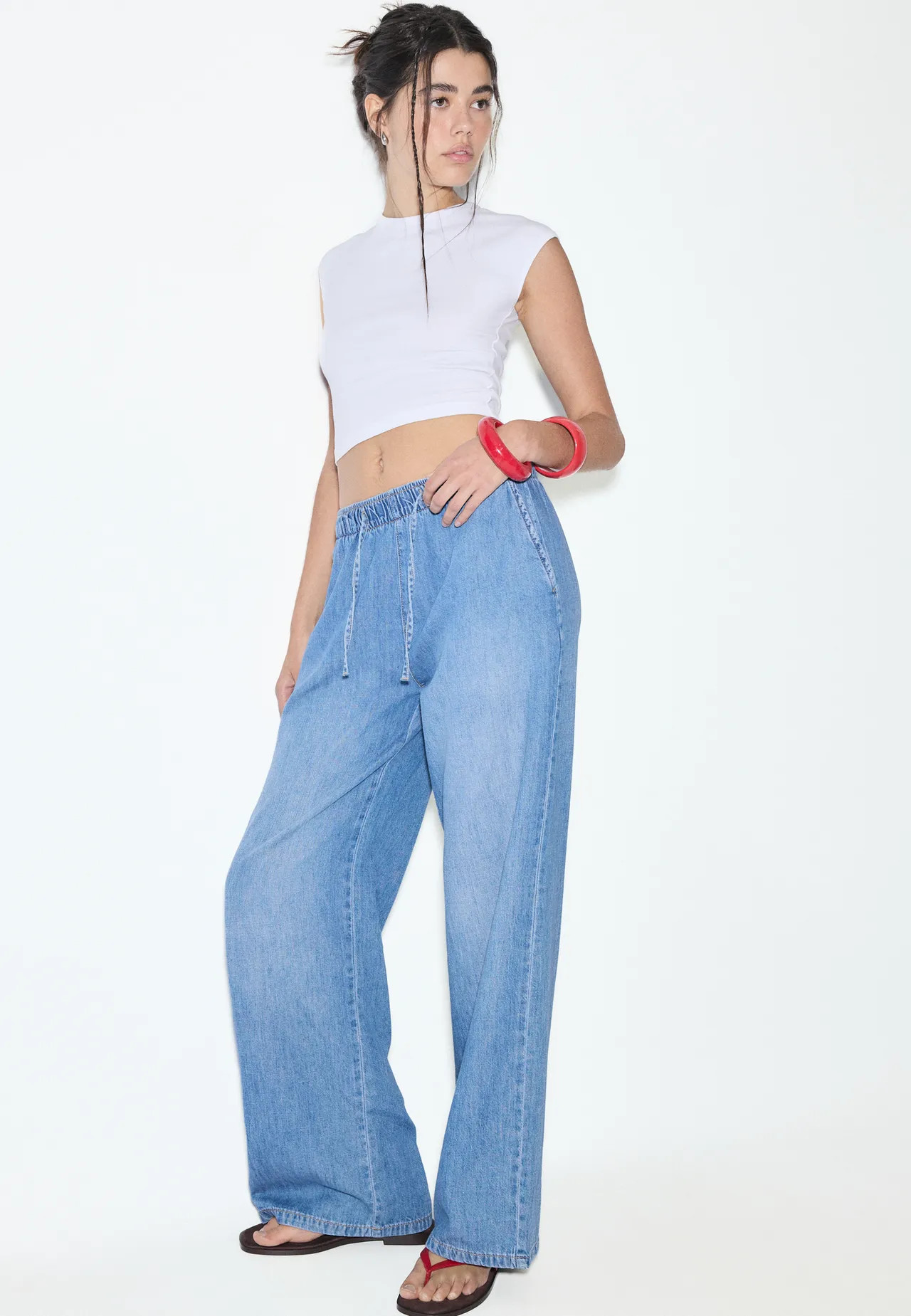 Flowy denim drawstring trousers - Women's Petite & Tall | Stradivarius United Kingdom | Stradivarius (UK)