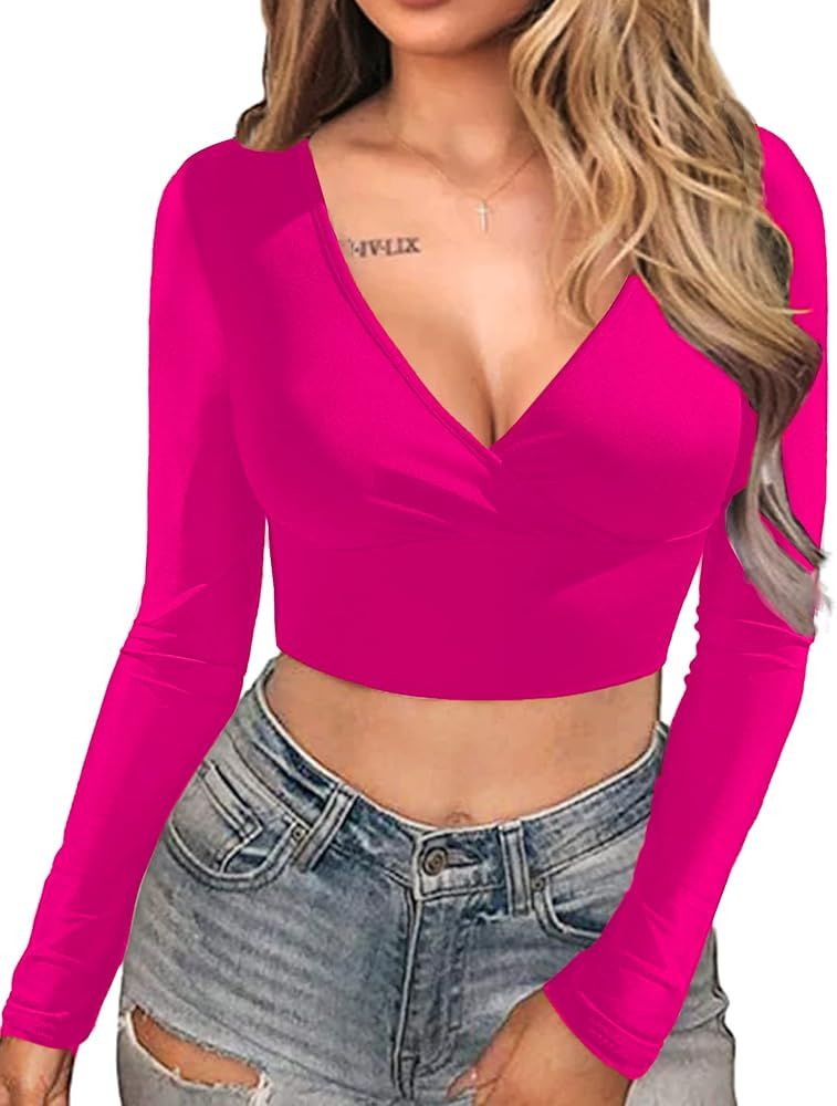 HOTOUCH Long Sleeve Crop Top for Women Sexy Wrap Shirt Basic Going Out T-Shirt Casual V Neck Mesh... | Amazon (US)