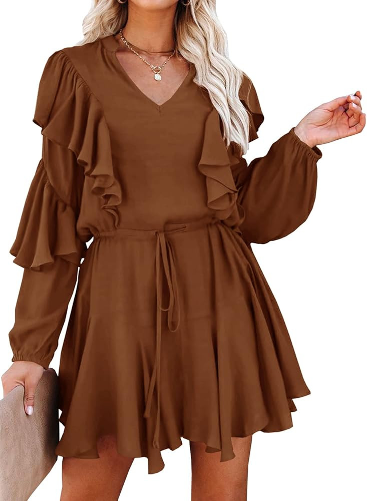 MITILLY Women's Split V Neck Ruffle Long Sleeve Polka Dot Casual Loose Swing Short Dress | Amazon (US)