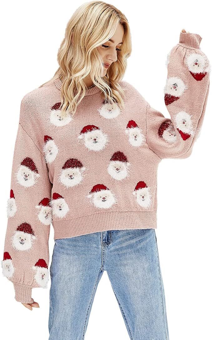 Women's Christmas Sweater Santa Print Ugly Pullover Knitted Jumper Long Sleeve Crew Neck Sweater ... | Amazon (US)