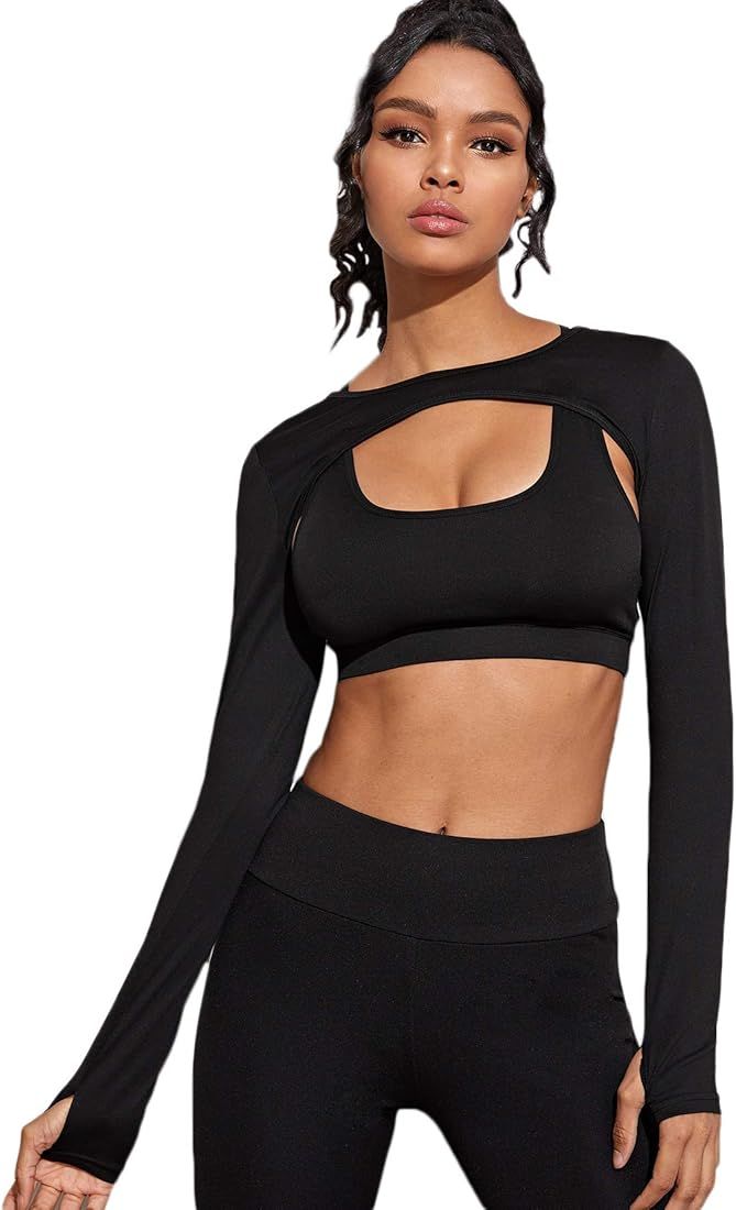 SweatyRocks Women's Stretch Cutout Yoga Sports Tee Long Sleeve Crop Top T Shirts | Amazon (US)