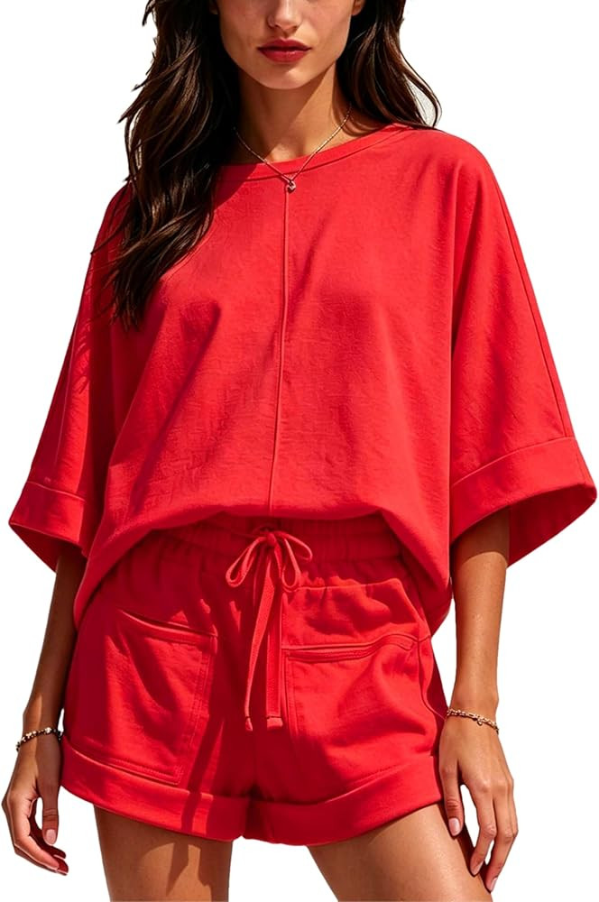 Zontroldy Womens Summer 2 Piece Short Set Oversized Top Relaxed Shorts Outfits Matching Sets with... | Amazon (US)