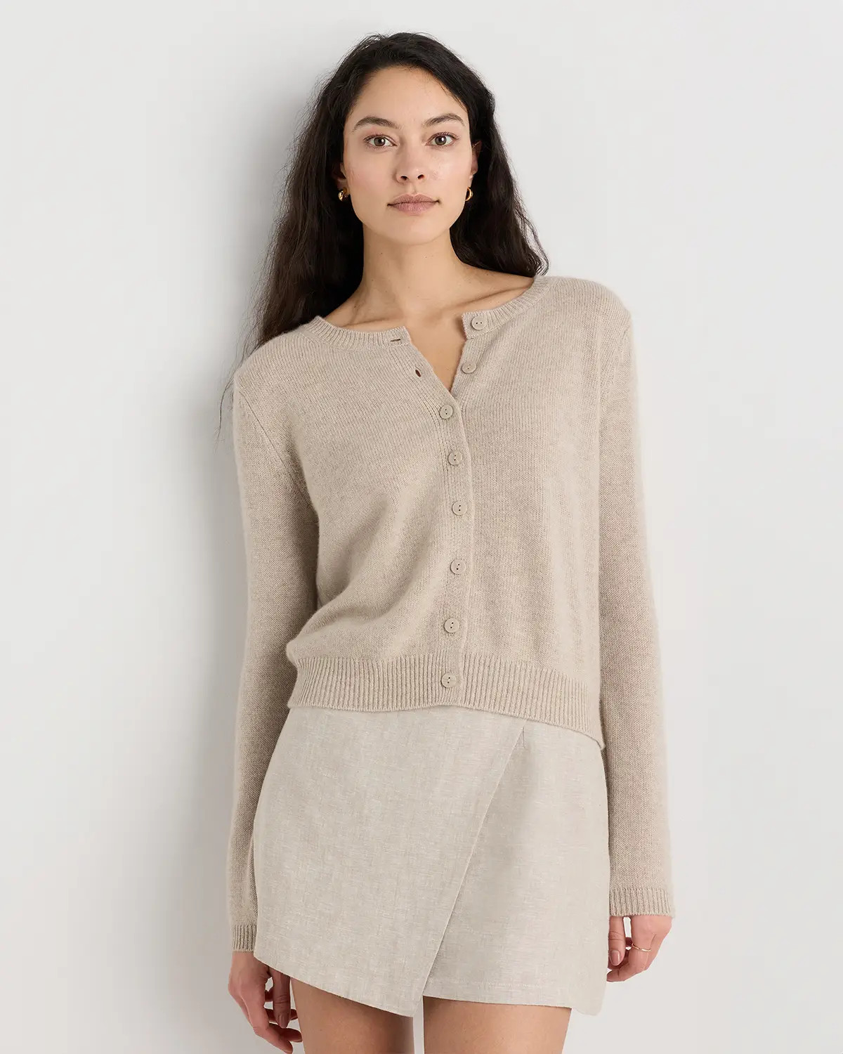 Mongolian Cashmere Cropped Crew Cardigan (Undyed) in Undyed Natural Heather | Quince
