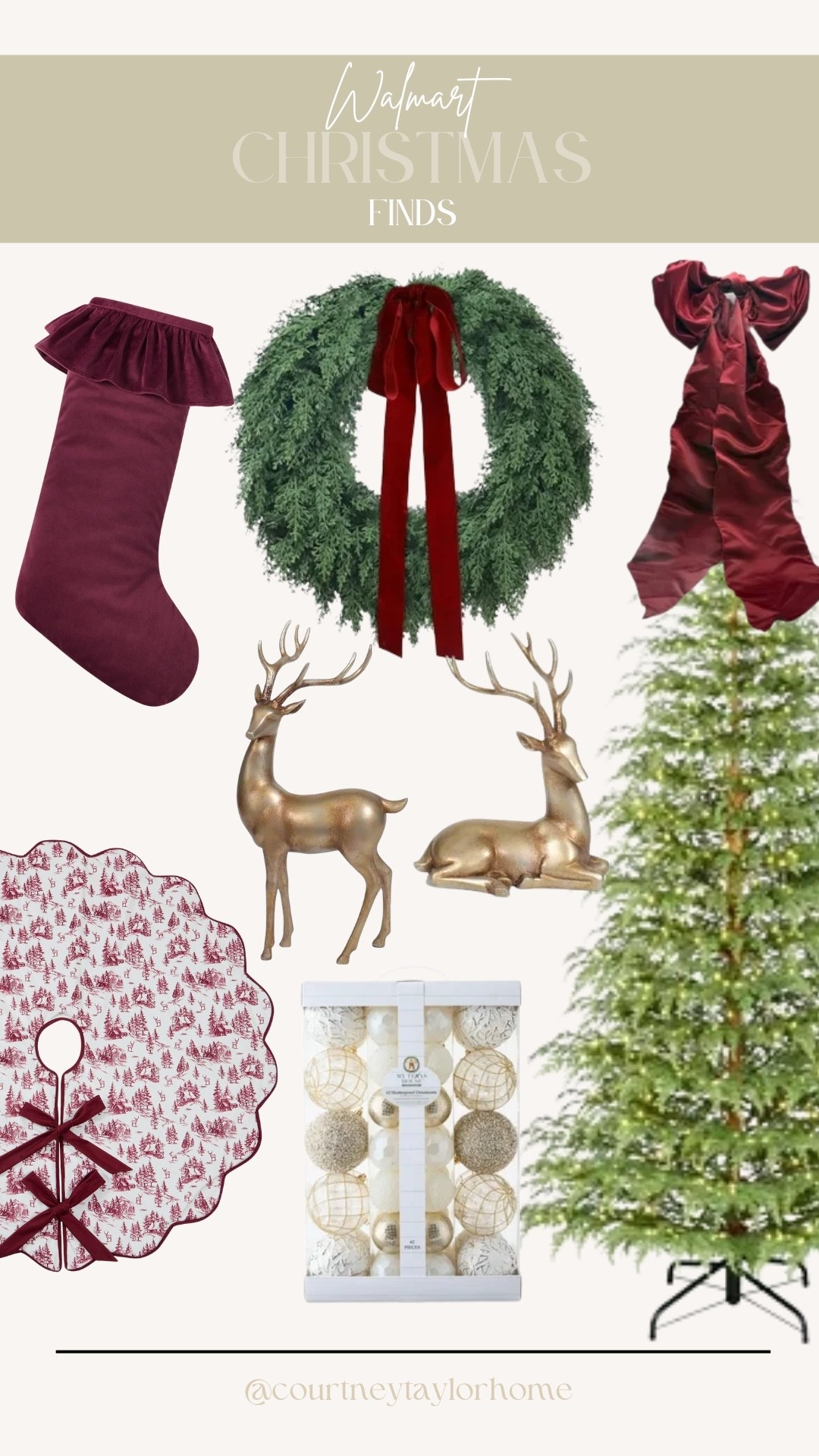 Walmart traditional Christmas finds! Everything from a gorgeous twinkling tree, tree skirt, velvet stockings and bows, ornaments, cedar wreaths and gold deer- Walmart has everything you need for a traditional look at an affordable price. 

#LTKHoliday #LTKSeasonal #LTKHome