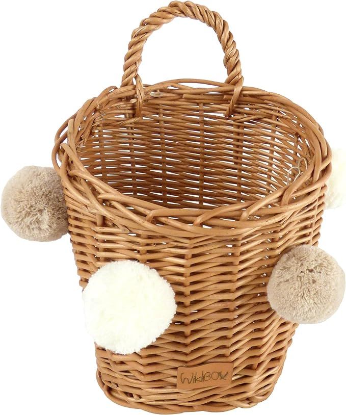 WIKLIBOX Rattan Wall Hanging Basket - Hand Made in Europe - Natural Wicker Color with Pompoms - B... | Amazon (US)