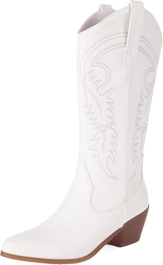 COOLCEPT Wetsern Cowboy Boots Embroidered Mid Calf Boots Pull on | Amazon (UK)
