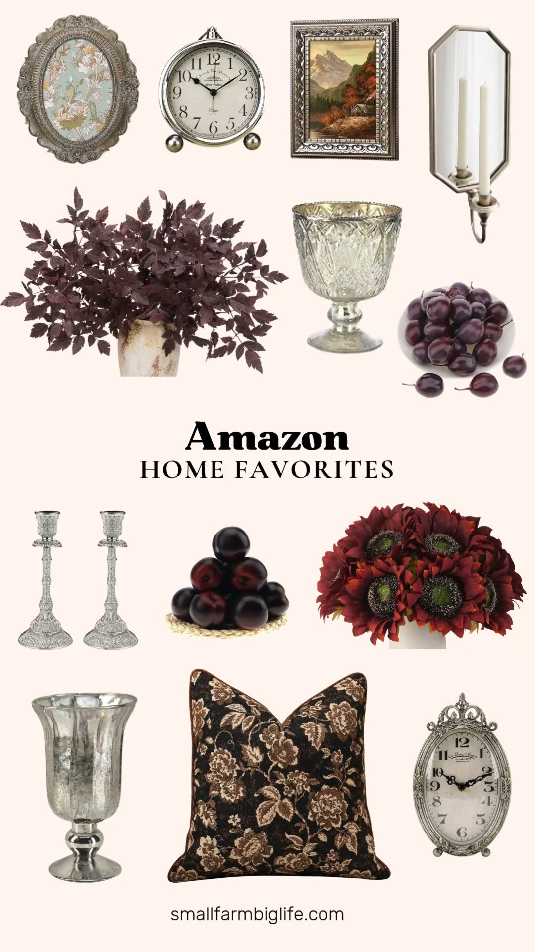 Antique silver is such an elegant, vintage inspired way to style a home this fall, and this lineup pairs beautifully with rich burgundy and plum accents. The Serene Spaces antique silver coupe vase and the antique platinum mercury glass urn both make gorgeous vessels for florals or a standalone centerpiece.

For florals, the burgundy artificial sunflowers bring instant color, while the faux plum cimicifuga foliage and the artificial brin plums add a moody, autumnal touch to any arrangement or vase filler. Vintage details round out the tabletop nicely, the JUSTUP and NIKKY HOME silver desk clocks are both quiet, non ticking pieces perfect for a shelf or mantel, and the OwnMy brass taper candle holders bring warmth to a dining table centerpiece.

For the walls, the Kate and Laurel mirrored wall sconce with a scalloped silver frame adds both light and reflection to a bathroom or bedroom, while the silver rose oval frame and the ornate silver 5x7 frame are lovely ways to display treasured photos in a farmhouse or cottage style space.

Finish the room with the brown vintage floral jacquard pillow cover for a soft, textured accent on a sofa or bed.

#amazonhome #falldecor #amazonfinds #vintagehome #fallhome 

 #LTKSeasonal #LTKHome