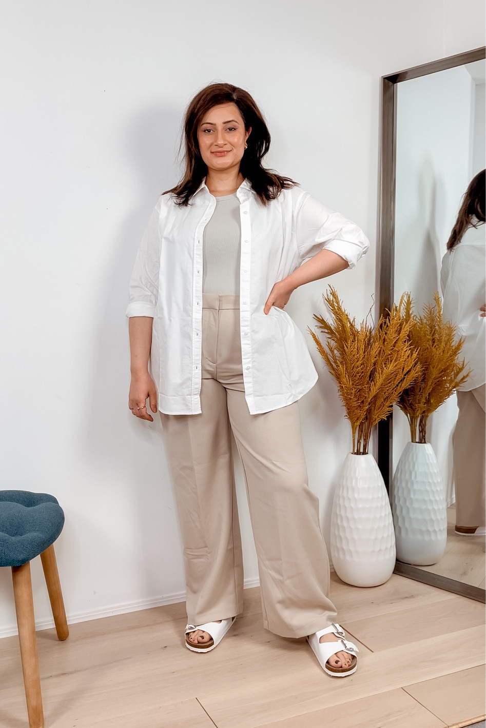 H&M spring casual outfit | white bottom up Oxford shirt | high waisted wide leg dress pants | ribbed tank and dad sandals Birkenstock on sale 

#LTKstyletip #LTKunder50 #LTKsalealert