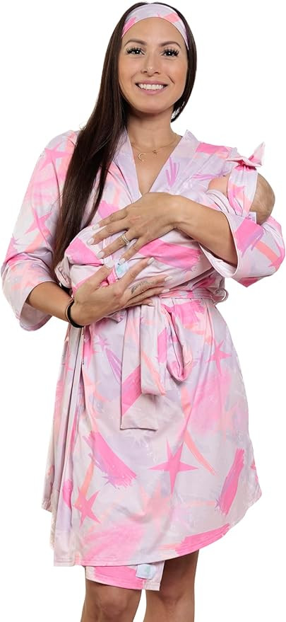 MOMMY O CLOCK Maternity Robe and Baby Swaddle Blanket, Milk Silk Matching Delivery Robe and Swadd... | Amazon (US)