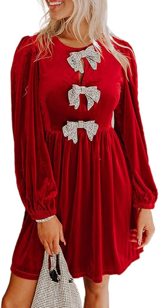 Women's Bowknot Velvet Dress Trendy Puff Long Sleeve High Waist Mini Dress A Line Flowy Velvet Pa... | Amazon (US)