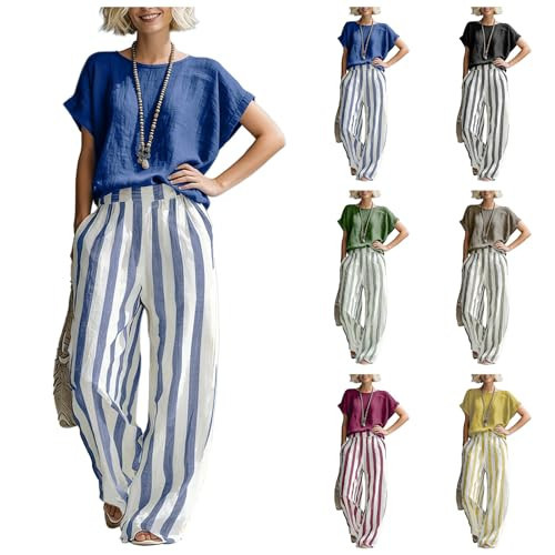 Kubbon 2 Piece Linen Sets for Women Summer Boho Outfits Batwing Sleeve Shirts High Waisted Striped Pants Sets Travel Outfits | Amazon (US)