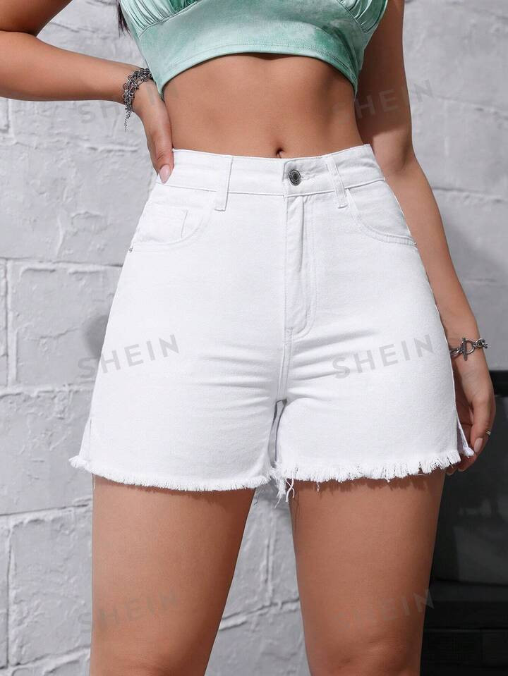 Summer Casual Solid Color Frayed White Jean Shorts | SHEIN USA | SHEIN