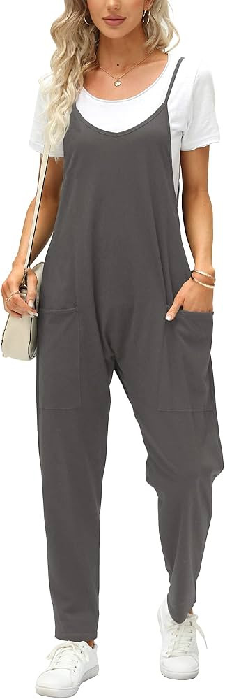 Fisoew Women's Summer Sleeveless Loose Casual V Neck Jumpsuits Spaghetti Strap Long Pants Baggy O... | Amazon (US)