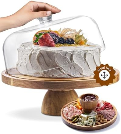 Acacia Wood Christmas Cake Stand with Dome Lid - 12in Round Holder, Holiday Hosting Essential for... | Amazon (US)